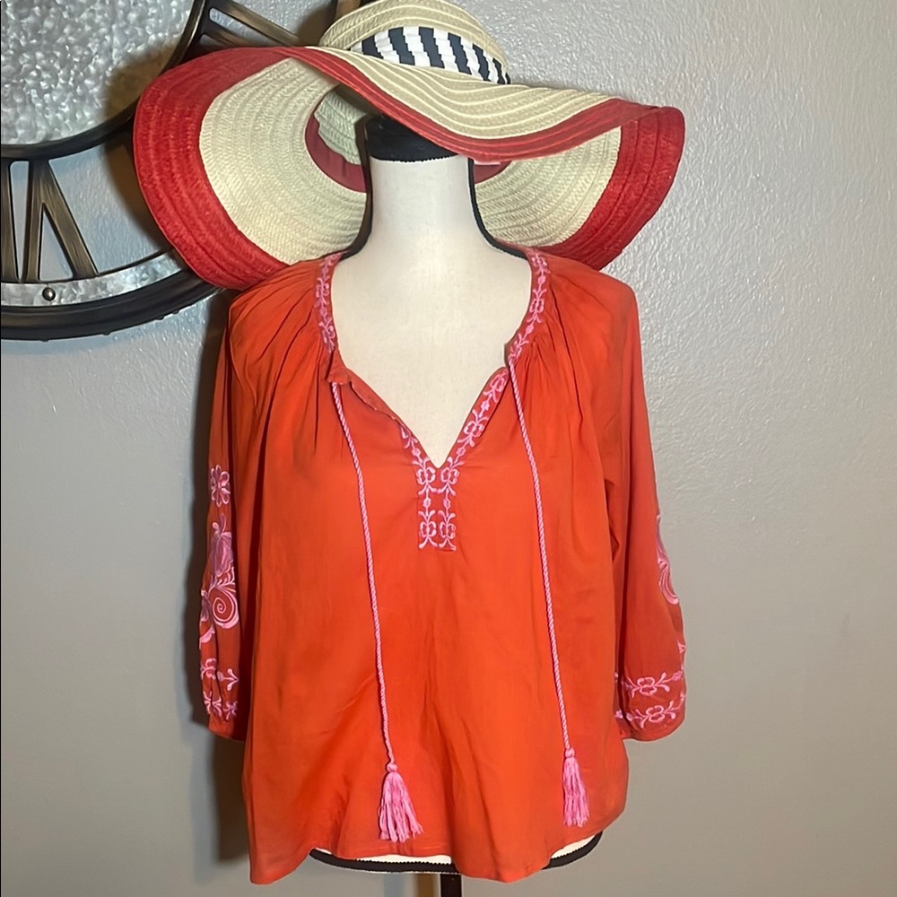 NICOLE MILLER Artelier Peasant Embroidered Orange Women's Top - Picture 3 of 8